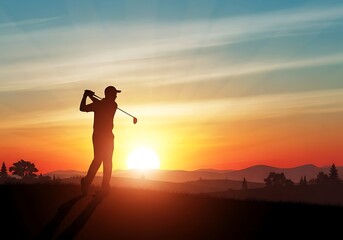 Silhouette of a Golfer Swinging at Sunset on a Picturesque Course