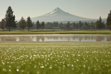 Misty morning golf course with mountain backdrop