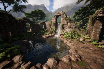 Tropical Waterfall in Ancient Ruins