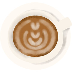 Top view illustration of a coffee cup with beautiful latte art design. A cozy and warm beverage illustration perfect for café, coffee shop, or breakfast-themed designs.

