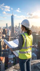 Obraz premium Architect reviewing blueprints, cityscape backdrop