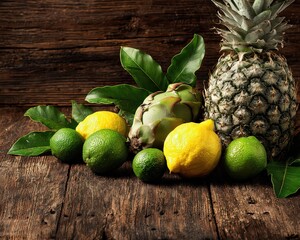 Vibrant Citrus Fruits and Pineapple on Rustic Wooden Table