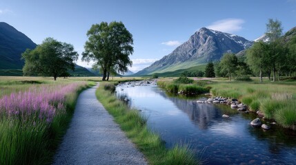 Fototapeta premium Scenic Scottish Highlands Landscape with Mountain River and Wildflowers Under Clear Sky