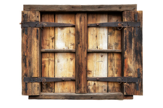Rustic wooden window with open shutters and sheer curtains isolated on transparent background. Old wooden window isolated on white background.
