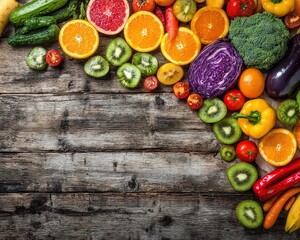 Vibrant Colorful Fruits and Vegetables on Rustic Wooden Background