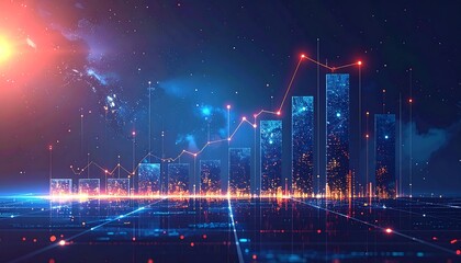 Futuristic city skyline with rising graphs