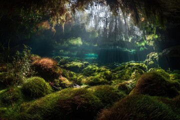Sunlight streams into a mossy cave, illuminating a tranquil underwater scene