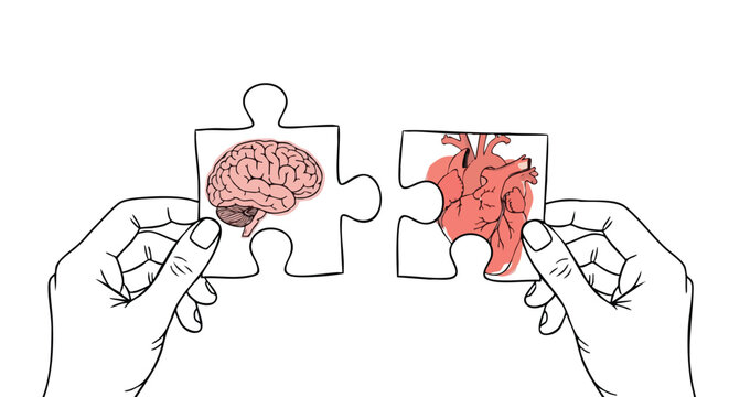 Connecting logic and emotion: Hands assemble puzzle pieces of brain and heart, symbolizing understanding and balance in life