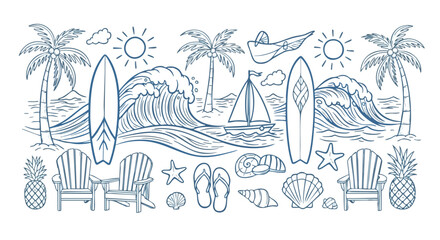 Vibrant summer beach scene unfolds with palm trees, surfboards, waves, sailboats, and relaxing Adirondack chairs perfect for vacation or tropical themes.