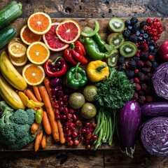 Vibrant Rainbow of Fresh Fruits and Vegetables on Wooden Board