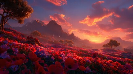 Vibrant Red Poppy Field at Sunset with Silhouetted Mountains