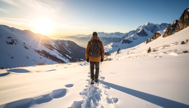 A lone figure hikes through a snowy mountain landscape at sunrise
