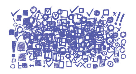 Dynamic abstract pattern of hand-drawn blue shapes and symbols on white background for creative projects