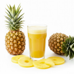 Refreshing pineapple juice with fresh fruit slices on a white background.
