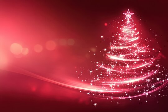 Glowing spiral Christmas tree made of light trails and sparkling stars on red gradient background, magical abstract festive design for winter holiday greeting and seasonal celebration - Powered by Adobe