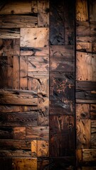 Rustic Wood Panel Wall with Distressed Textures and Varied Tones.