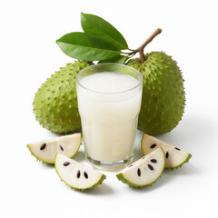 A refreshing glass of soursop juice is surrounded by the exotic fruit and its slices, showcasing a healthy and delicious beverage.