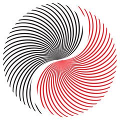 Vector Illustration of Spiral Yin Yang Shape with Red and Black Swirl Lines, Abstract Optical Illusion Design, Symbol of Harmony, Duality, Spiritual Balance, Taoist Philosophy and Minimalist Art