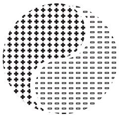Abstract Yin Yang Symbol with Plus and Minus Geometric Halftone Pattern, Black and White Balance Icon, Modern Taoist Philosophy Design for Spirituality, Meditation, Zen and Minimalist Vector Art