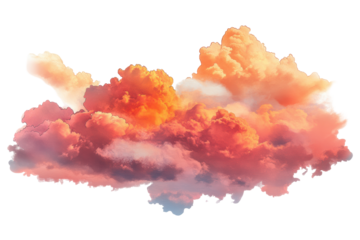 Fiery explosion with smoke and flames isolated on transparent background. Picturesque sunset clouds isolated on white background.