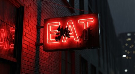 Vibrant red neon 'EAT' sign illuminating a wet brick wall on a rainy city night, creating a moody and atmospheric urban scene.