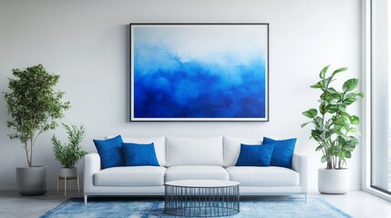 Modern living room featuring a large abstract painting, a comfortable white sofa, and vibrant blue accents.