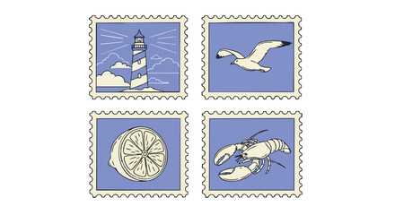 Charming nautical stamp collection features a lighthouse, soaring seagull, fresh lemon slice, and delicious lobster illustration