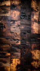 Rustic Wood Panel Wall with Rich Textures and Warm Tones.