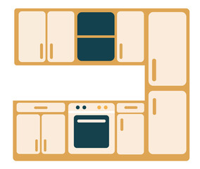 Modern flat vector illustration of a stylish kitchen interior with cabinets, stove, sink, and appliances. Minimalist home design layout, perfect for cooking, dining, and household decoration.
