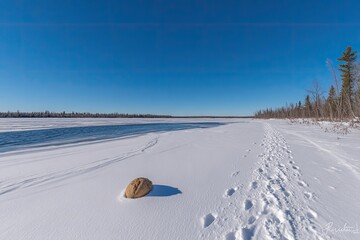 Frozen lake shore, sunlit, with a rock, and footprints in the snow