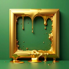 Golden frame dripping liquid gold on a green background