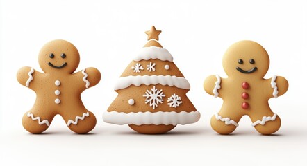 Festive Christmas gingerbread cookies assortment with two men figures and a tree shape, decorated with white icing, snowflakes, and star on plain white background, representing holiday tradition, swee