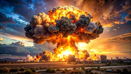 A colossal mushroom cloud rises, engulfing the sky with fiery explosions and turbulent, dark smoke, over an arid landscape with buildings in the distance