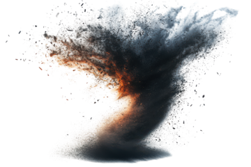Dynamic water tornado swirl with fiery core isolated on transparent background. Powerful tornado funnel cloud in motion isolated on white background.