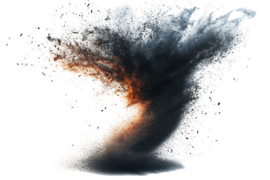 Dynamic water tornado swirl with fiery core isolated on transparent background. Powerful tornado funnel cloud in motion isolated on white background.