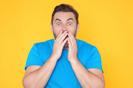 Portrait of surprised man. Wow, it's unbelievable. Shocked man opening mouth widely. Man with shocked, amazed expression face. Surprise facial expression. Human emotions man facial expression concept.