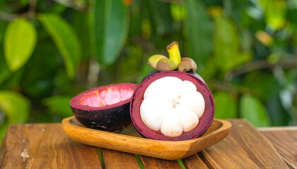 Mangosteen halves on wooden platter