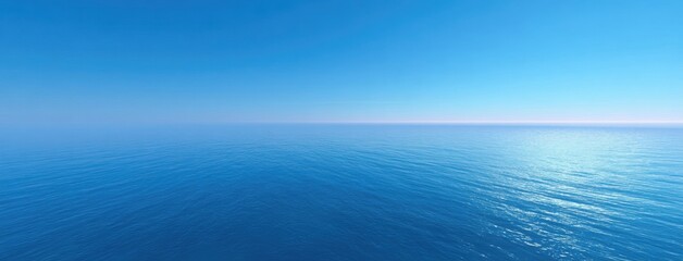 Fototapeta premium Expansive Blue Ocean with Calm Waters and Sunlit Reflection at Horizon, Presenting Nature’s Tranquility and Vast Maritime Landscape, Suitable for Peaceful Backgrounds, Travel Inspirations, and Serene 