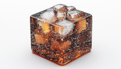 Cube of Cola with Ice Cubes, Refreshing Drink.