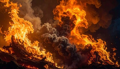 Intense and dramatic depiction of a raging inferno, consuming everything with orange flames, billowing smoke against a dark sky