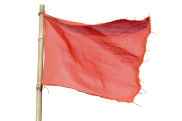 Red flag attached to a wooden pole isolated on transparent background. Red flag fluttering in the wind isolated on white background.