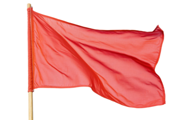 Red flag attached to a wooden pole isolated on transparent background. Red flag fluttering in the wind isolated on white background.