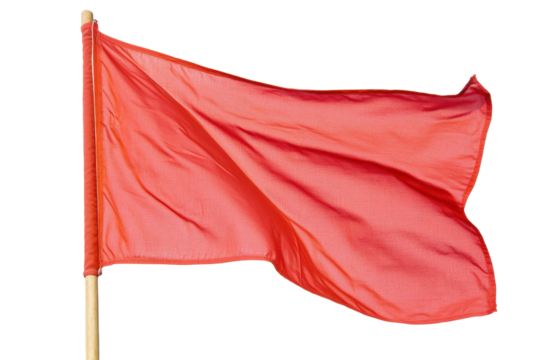 Red flag attached to a wooden pole isolated on transparent background. Red flag fluttering in the wind isolated on white background.
