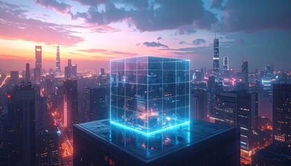 Futuristic city skyline with transparent cube