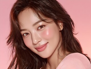 Naklejka premium Beautiful young Asian woman smiles gently with perfect skin and glossy lips in front of pink background.