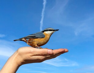 Bird on a hand against a blue sky