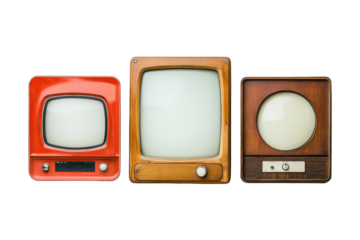 Vintage triple screen television set isolated on transparent background. Retro TV boxes with frame screen isolated on white background.