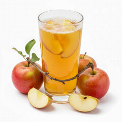 Refreshing apple juice with fresh apples and slices on a white background.