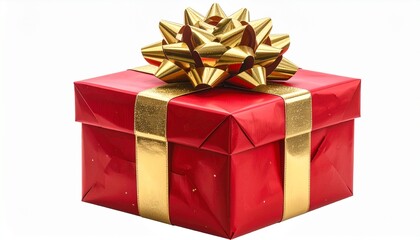 Obraz premium Christmas gift box wrapped in red and gold paper, topped with a bow, isolated on white background. 