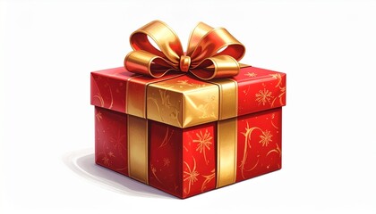 Obraz premium Christmas gift box wrapped in red and gold paper, topped with a bow, isolated on white background. 